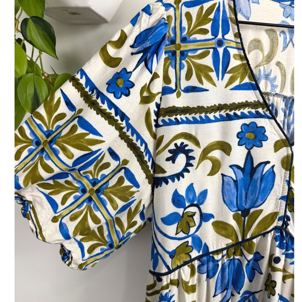 Fig + Flower Women 2X Blue Olive Floral Linen Blend Midi Dress V-Neck Boho - Picture 3 of 9